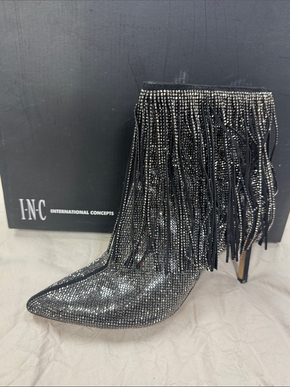 INC International Concepts Silver-Accent Black Fringe Ankle Boots